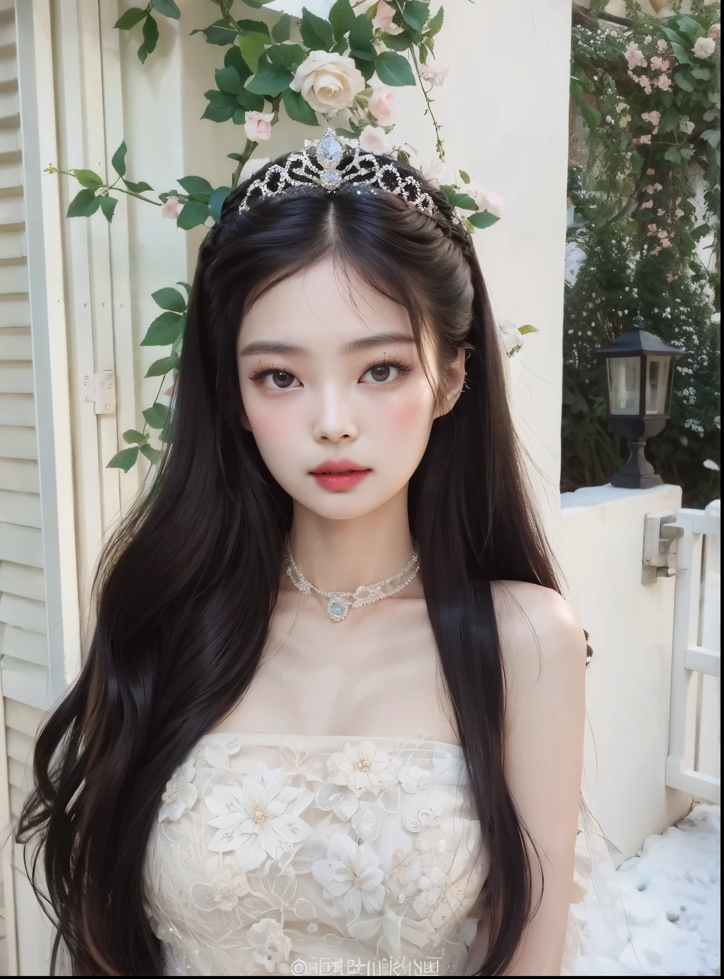 a close up of a woman Wear a tiara and a dress, ulzzang, short hairstyle, short white hairstyle, Wear a tiara, With the crown, sha xi, jaeyeon nam, jinyoung shin, dilraba dilmurat, Snow white skin, wan adorable korean face, xianxia, kim doyoung, Wear a tiara, beautiful princess, 10))