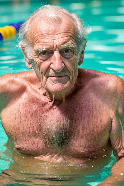 David Bradley, An elder with a long beard and white hair, with a serene face wrinkles, looking producing, body older weak, skinny bones hairy, body naked, his shirt was open to reveal his stomach wrinkles older hairy weak and chest, arms legs neck hands feet skinny old and weak, shy and blushed, Lying in the bath swimming pool,master-piece,4K images,best-quality