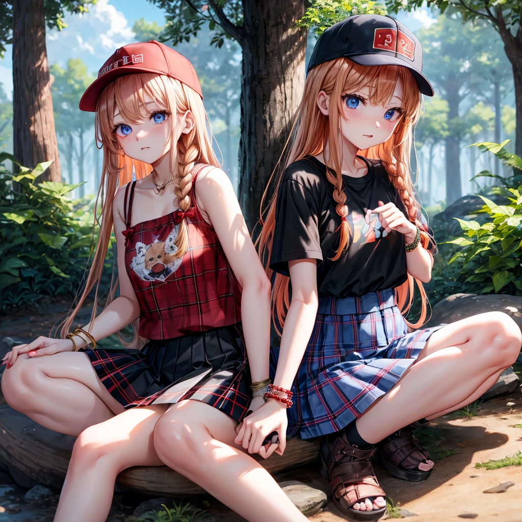 red blonde、blue eyess、Braids、one good looking girl、独奏、animesque、Plaid miniskirt、Black T-shirt、camisole、the woods、Sunlight、sitting on、Wearing a plaid baseball cap、bare-legged、small bracelet、Tilting your face、With a cheek cane