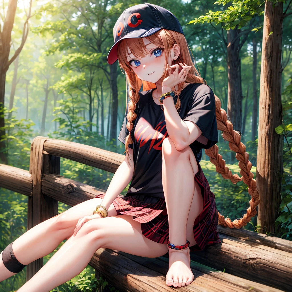 red blonde、blue eyess、Braids、one good looking girl、独奏、animesque、Plaid miniskirt、Black T-shirt、camisole、the woods、Sunlight、sitting on、Wearing a plaid baseball cap、bare-legged、small bracelet、Tilting your face、With a cheek cane