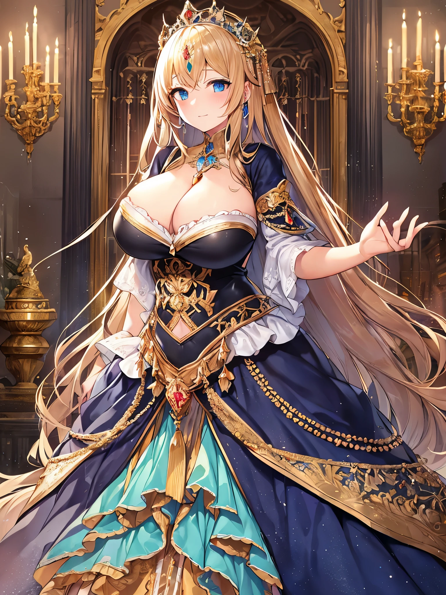 ((anime artstyle)),(Masterpiece),(Best Quality), (Super Detail),((Very Delicate and Beautiful)),(((Solo))),((full body)),(((1 princess in beautiful embroidery and jeweled extremely gorgeous rococo princess ballgown with voluminous full length hoop skirt))),((crinoline,Long train)),((bling-bling)),(extremely gorgeousfull embroidery and lace),(gorgeous gemstone jewelry),detailed face and eyes,jewel-like eyes,((extremely voluminous straight Hair,Very Long Straight Hair)),(((gigantic boobs))),cleavage,gorgeousfull hair ornament,((extremely gorgeousfull jeweled tiara)),throne room,(standing in castle),luxury palace,Dynamic Angle,Looking at viewer,((beautiful embroidery and jeweled extremely gorgeous rococo princess ballgown with voluminous full length hoop skirt))