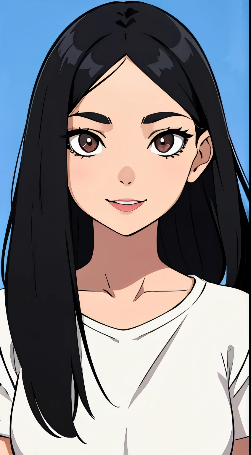 One girl with black hair, hair length until bust, straight hair, hair parted in center of head, round face. hairstyle with a center part, that the hair should be parted down the middle, creating a symmetrical look without any frontal hair covering the forehead. Looking straight. Looking straight at viewers. Smiling. Happy. Wearing casual shirt. Straight pose. Frontal view