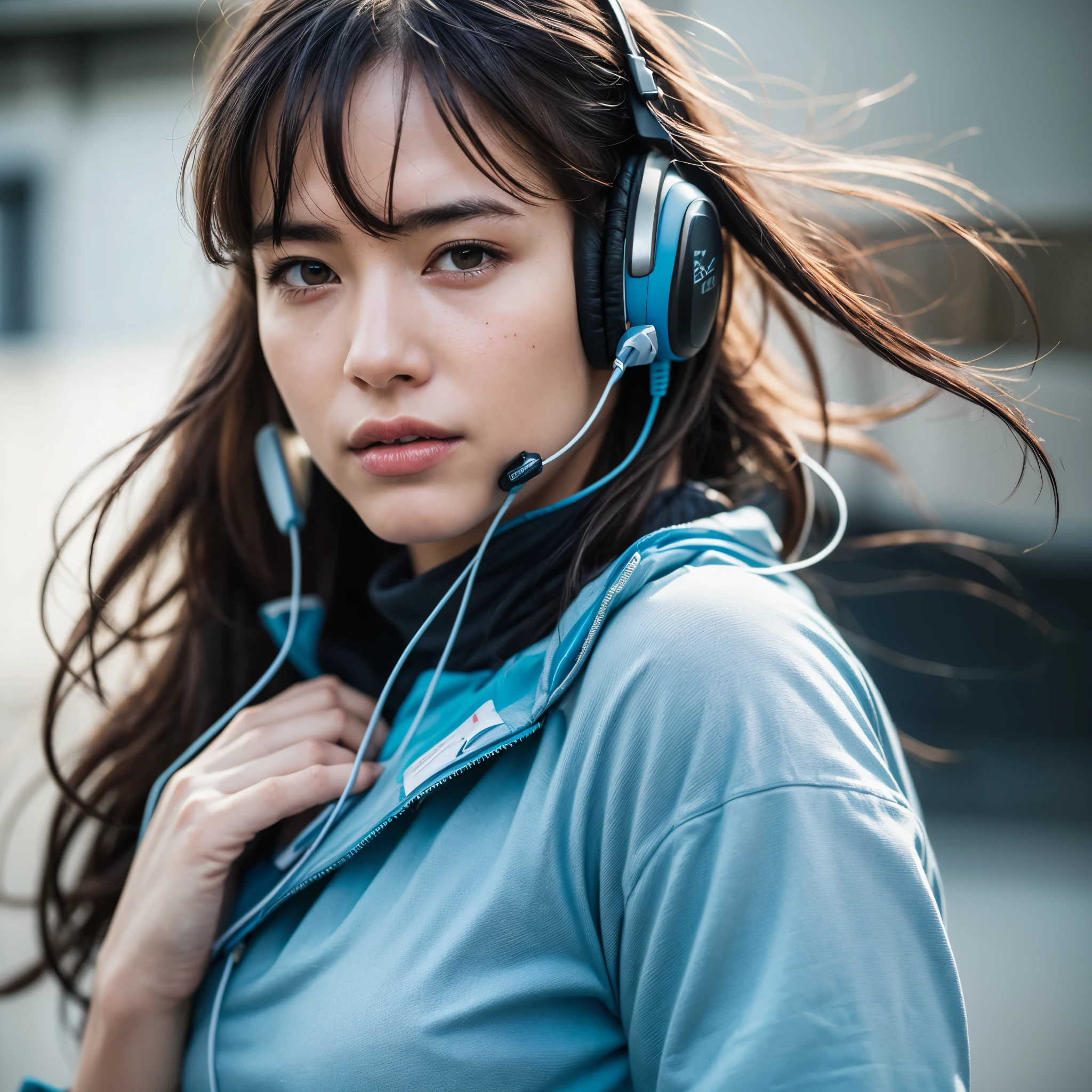 dressed, (photo realistic:1.4), (hyper realistic:1.4), (realistic:1.3), (smoother lighting:1.05), (increase cinematic lighting quality:0.9), 32K, 1girl,20yo girl, realistic lighting, backlighting, light on the face, ray trace, (brightening light:1.2), (Increase quality:1.4), (best quality real texture skin:1.4), finely detailed eyes, finely detailed face, finely quality eyes, (tired and sleepy and satisfied:0.0), face closeup, t-shirt with headphones, (Increase body line mood:1.1), (Increase skin texture beauty:1.1)