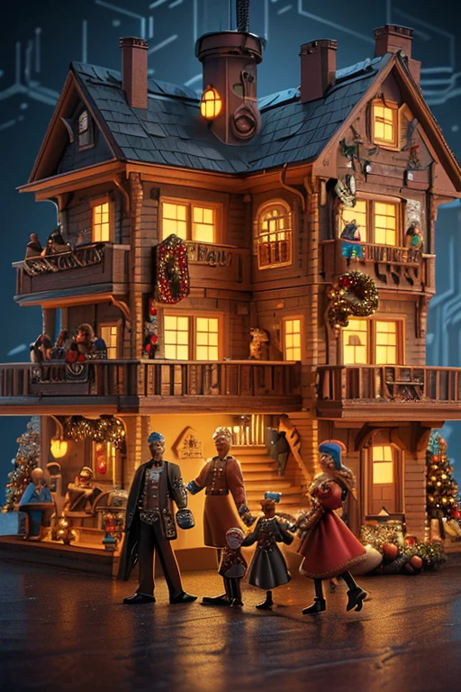 cyberpunk family with Christmas Gift, steampunk house, indoors, intricate, (best quality, masterpiece, Representative work, official art, Professional, unity 8k wallpaper:1.3)