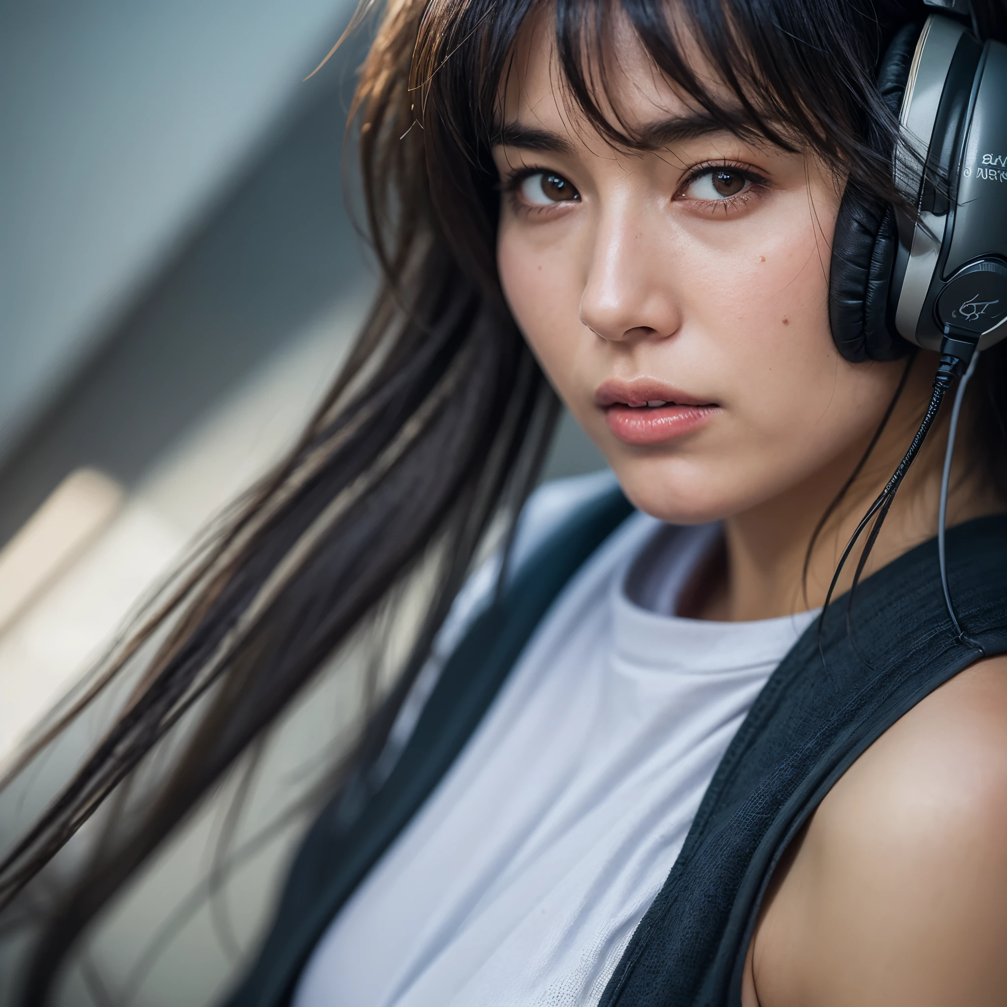 dressed, (photo realistic:1.4), (hyper realistic:1.4), (realistic:1.3), (smoother lighting:1.05), (increase cinematic lighting quality:0.9), 32K, 1girl,20yo girl, realistic lighting, backlighting, light on the face, ray trace, (brightening light:1.2), (Increase quality:1.4), (best quality real texture skin:1.4), finely detailed eyes, finely detailed face, finely quality eyes, (tired and sleepy and satisfied:0.0), face closeup, t-shirt with headphones, (Increase body line mood:1.1), (Increase skin texture beauty:1.1)