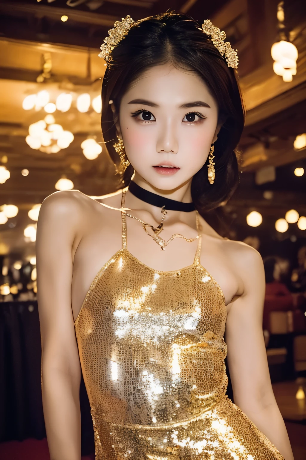 RAW shooting、Photorealsitic、masuter piece、one girls、a baby face、Smaller face、Very cute、Slender and beautiful、((small tits:1.2))、7Head and body、Meticulously drawn eyes、Attractive eyes、Twin-tailed、little giant、a choker、fine sequin dress、champagne gold dress、Chess gangte sleeveless dress with bold opening、Anguished poses、Luxurious dance hall、dimly lit dance hall、small title background