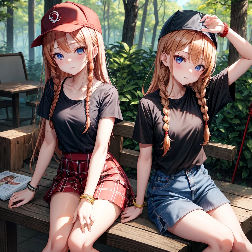 red blonde、blue eyess、Braids、one good looking girl、独奏、animesque、Plaid miniskirt、Black T-shirt、camisole、the woods、Sunlight、sitting on、Wearing a plaid baseball cap、bare-legged、small bracelet、Tilting your face、With a cheek cane