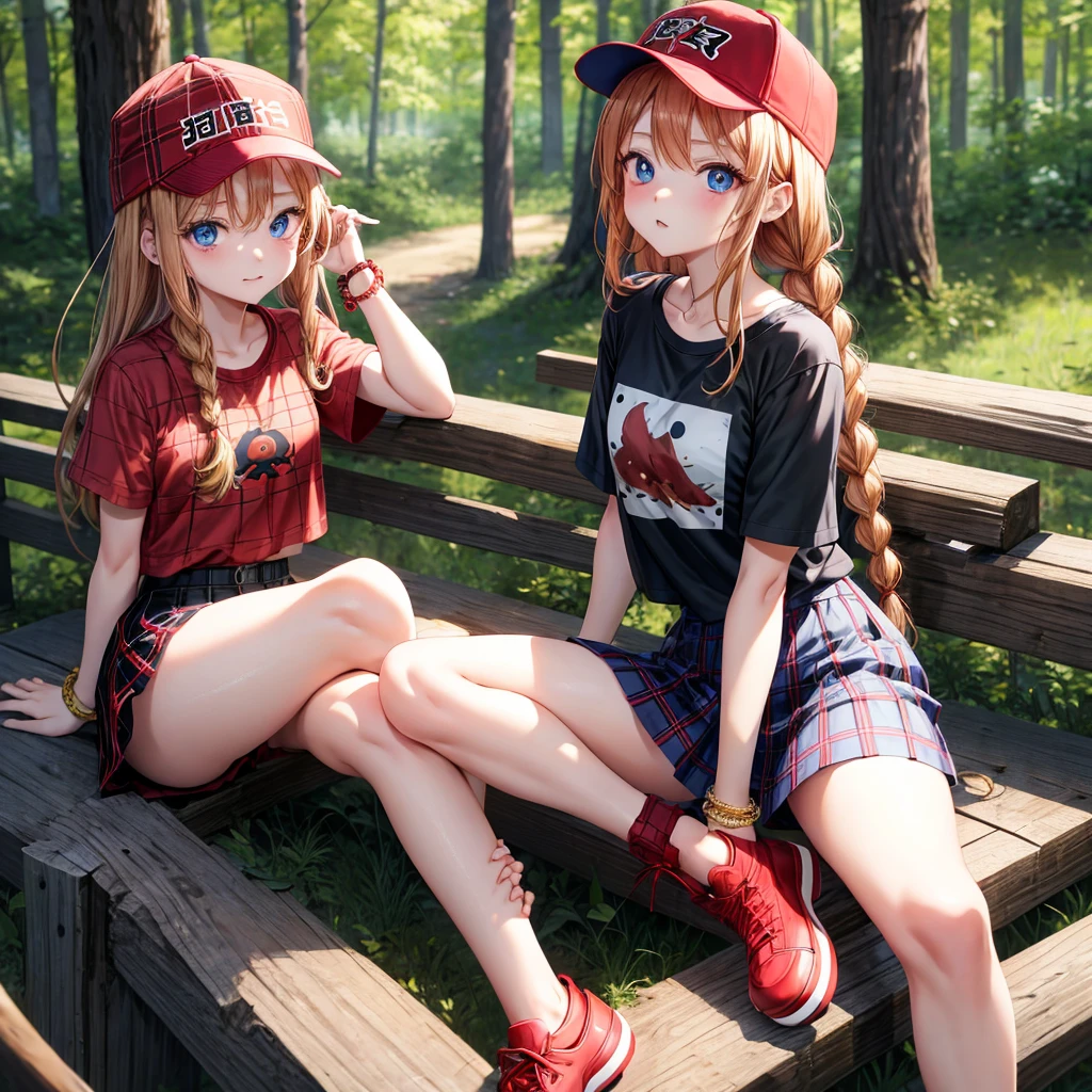 red blonde、blue eyess、Braids、one good looking girl、独奏、animesque、Plaid miniskirt、Black T-shirt、camisole、the woods、Sunlight、sitting on、Wearing a plaid baseball cap、bare-legged、small bracelet、Tilting your face、With a cheek cane