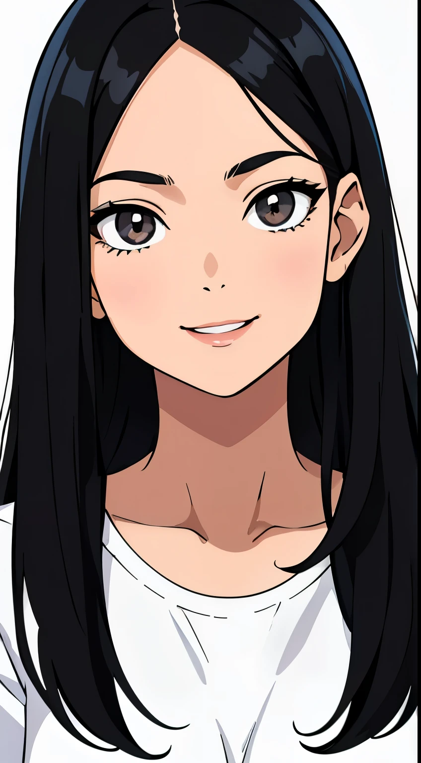 One girl with black hair, hair length until bust, straight hair, hair parted in center of head, round face. hairstyle with a center part, that the hair should be parted down the middle, creating a symmetrical look without any frontal hair covering the forehead. Looking straight. Looking straight at viewers. Smiling. Happy. Wearing casual shirt. Straight pose. Frontal view