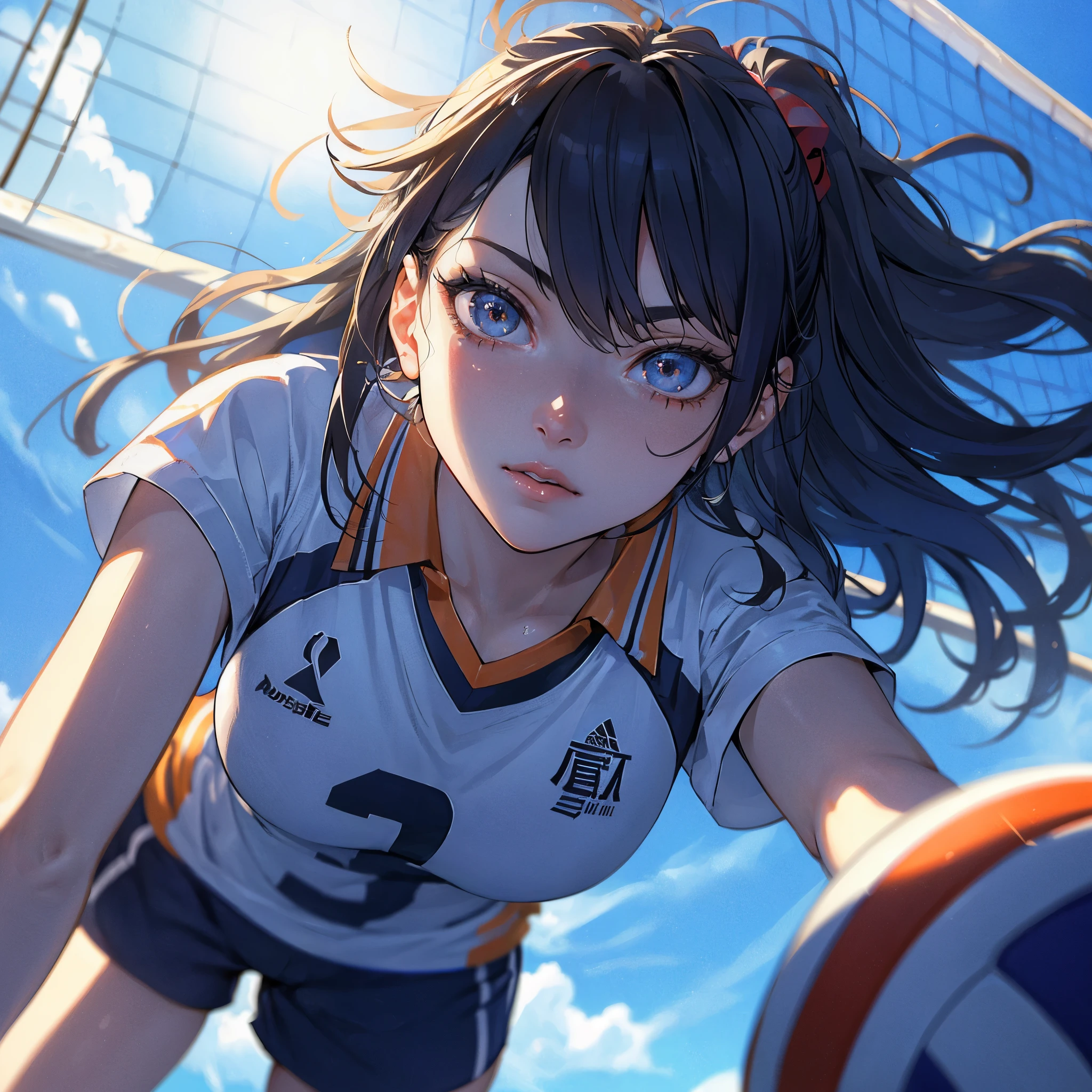 (Best Quality, masutepiece),ultra detailed photographic,1girl in, female volleyball player ,Large breasts,nice legs,ahot a ball,At the volleyball venue,Detailed beautiful face,Beautiful eyes,detailed hairs,detailed clothes,Detailed realistic skin,Cool,Dynamic Angle,