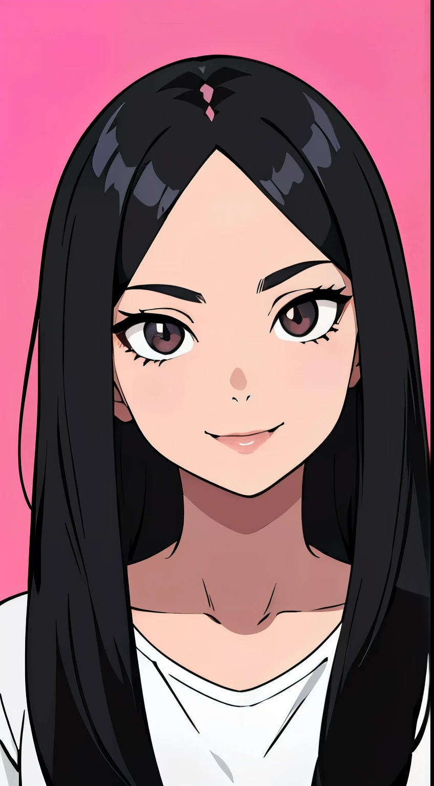 One girl with black hair, hair length until bust, straight hair, hair parted in center of head, round face. hairstyle with a center part, that the hair should be parted down the middle, creating a symmetrical look without any frontal hair covering the forehead. Looking straight. Looking straight at viewers. Smiling. Happy. Wearing casual shirt. Straight pose. Frontal view