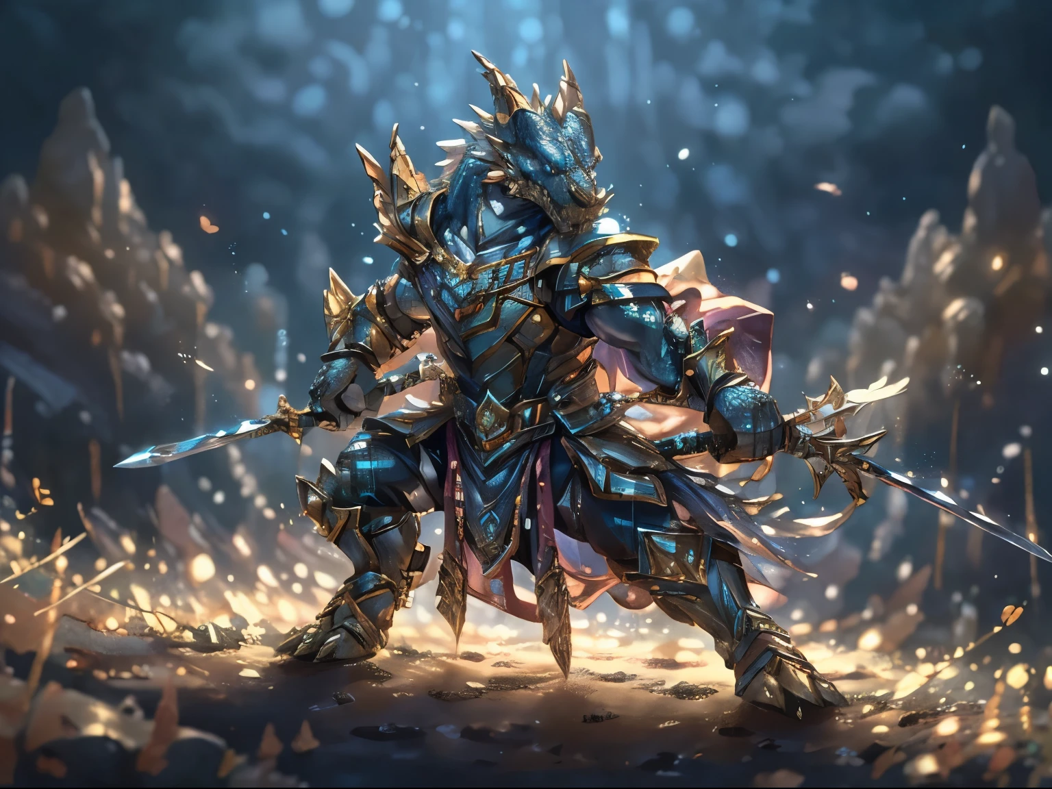 arafed high details, best quality, 8k, [ultra detailed], masterpiece, best quality, (extremely detailed), dynamic angle, ultra wide shot, photorealistic, RAW, fantasy art, dnd art, fantasy art, realistic art, a wide angle picture of a dragonborn paladin ready for battle, full body  (intense details, Masterpiece, best quality: 1.5), D&D dragonborn, silver dragonborn, dynamic eyes color, reptilian eyes, ultra detailed face  (intense details, Masterpiece, best quality: 1.5), wearing heavy armor, white armor, wearing cloak, long cloak, flowing cloak, dynamic colors, armed with sword  (intense details, Masterpiece, best quality: 1.5), holy avenger sword, sword with yellow magical aura (intense details, Masterpiece, best quality: 1.5), holding a shield  (intense details, Masterpiece, best quality: 1.5), dark fantasy temple background, evil temple background (intense details, Masterpiece, best quality: 1.5), sense of action, atmosphere of danger