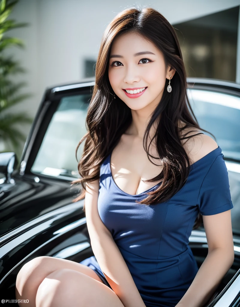 8K UHD, Digital SLR, Raw foto, Photorealistic, A hyper-realistic, cinematic lightening, detaileds, detaileds skin, High quality , Tamron SP70〜150mm f/4-5.Photo taken with 6 people,top-quality, You can see a little of my chest and thighs, 超A high resolution, Slim waist, Lovely smile, 非常にdetailedsな顔, detaileds唇, detailedsに描かれた目, 二重まぶた, Ponytail, Spectacular sports car display, bright and cheerful atmosphere, Lovely eyes, (racing model), racing modelのコスチューム, Colorful costume colors, model pose body photo,Bright and tight-fitting clothes, Sexy Fashion),((he is sitting on the hood of the car)), Looking at me and smiling.,(Shot from the side)