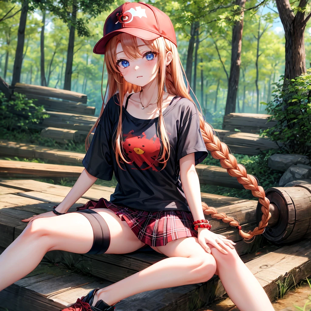 red blonde、blue eyess、Braids、one good looking girl、独奏、animesque、Plaid miniskirt、Black T-shirt、camisole、the woods、Sunlight、sitting on、Wearing a plaid baseball cap、bare-legged、small bracelet、Tilting your face、With a cheek cane