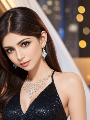 Lebanese lady, diamond thin earrings, necklace, bracelets, small ???????, shimmering dress, night, skyscrapers, portrait, 40 years old