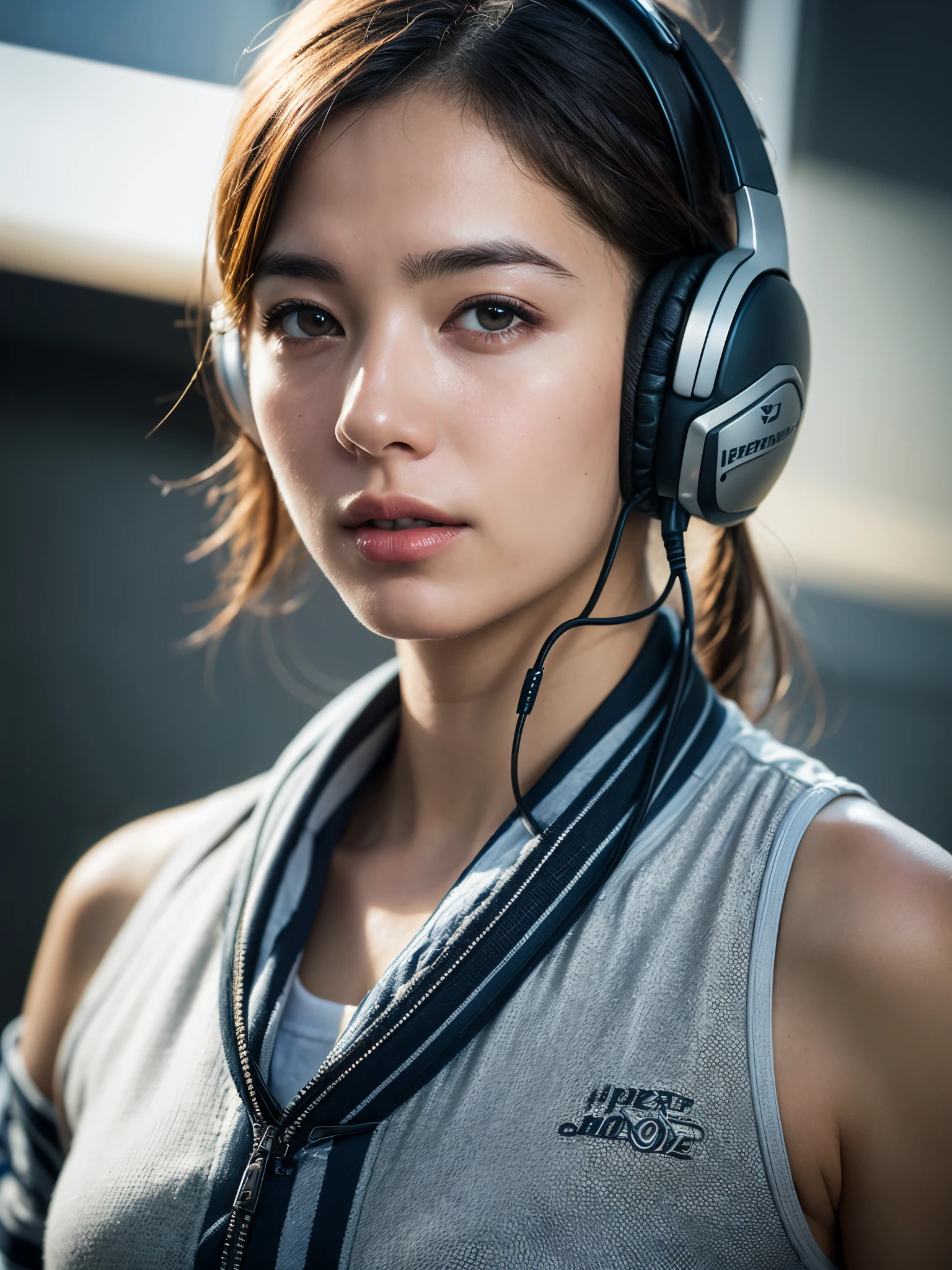 dressed, (photo realistic:1.4), (hyper realistic:1.4), (realistic:1.3), (smoother lighting:1.05), (increase cinematic lighting quality:0.9), 32K, 1girl,20yo girl, realistic lighting, backlighting, light on the face, ray trace, (brightening light:1.2), (Increase quality:1.4), (best quality real texture skin:1.4), finely detailed eyes, finely detailed face, finely quality eyes, (tired and sleepy and satisfied:0.0), face closeup, t-shirt with headphones, (Increase body line mood:1.1), (Increase skin texture beauty:1.1)
