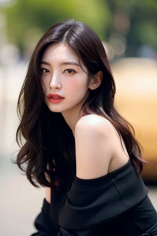 Best quality, masterpiece, ultra high res, (photorealistic:1.4), raw photo,1girl, solo, realistic, lips, looking at viewer, upper body,  background, brown eyes, black dress, off shoulder, long wavy hair