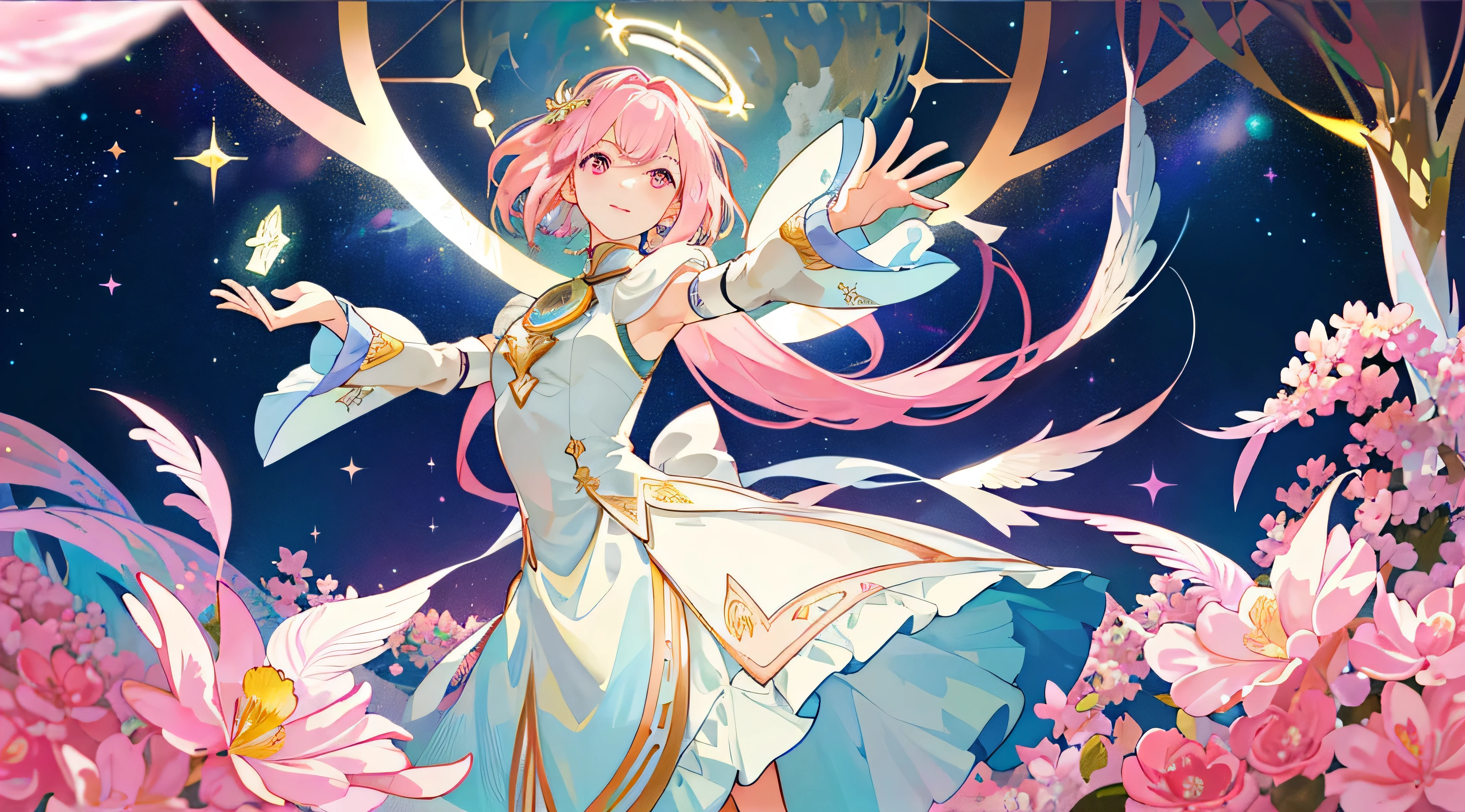 ((tmasterpiece,Best quality at best)),(1个Giant Breast Girl, Alone:1.4),beautidful eyes，vividness，CinemShow on theic light，Full body lesbian，pink flowers that，(tarot cards_The cards)，复杂，detailed back ground，lookingat_Show on the_peeping at the viewer，Madoka Kaname，Outstretched hand，（lichen），（walked），Casual pose，摆Show on the一个，（whitegloves），（a pink eyes），White feShow on thehers，glittery，glittery，a heavenly being，outerspace，An Alphonse Mucha's，（gold framed），The halo，（tarot cards边框）