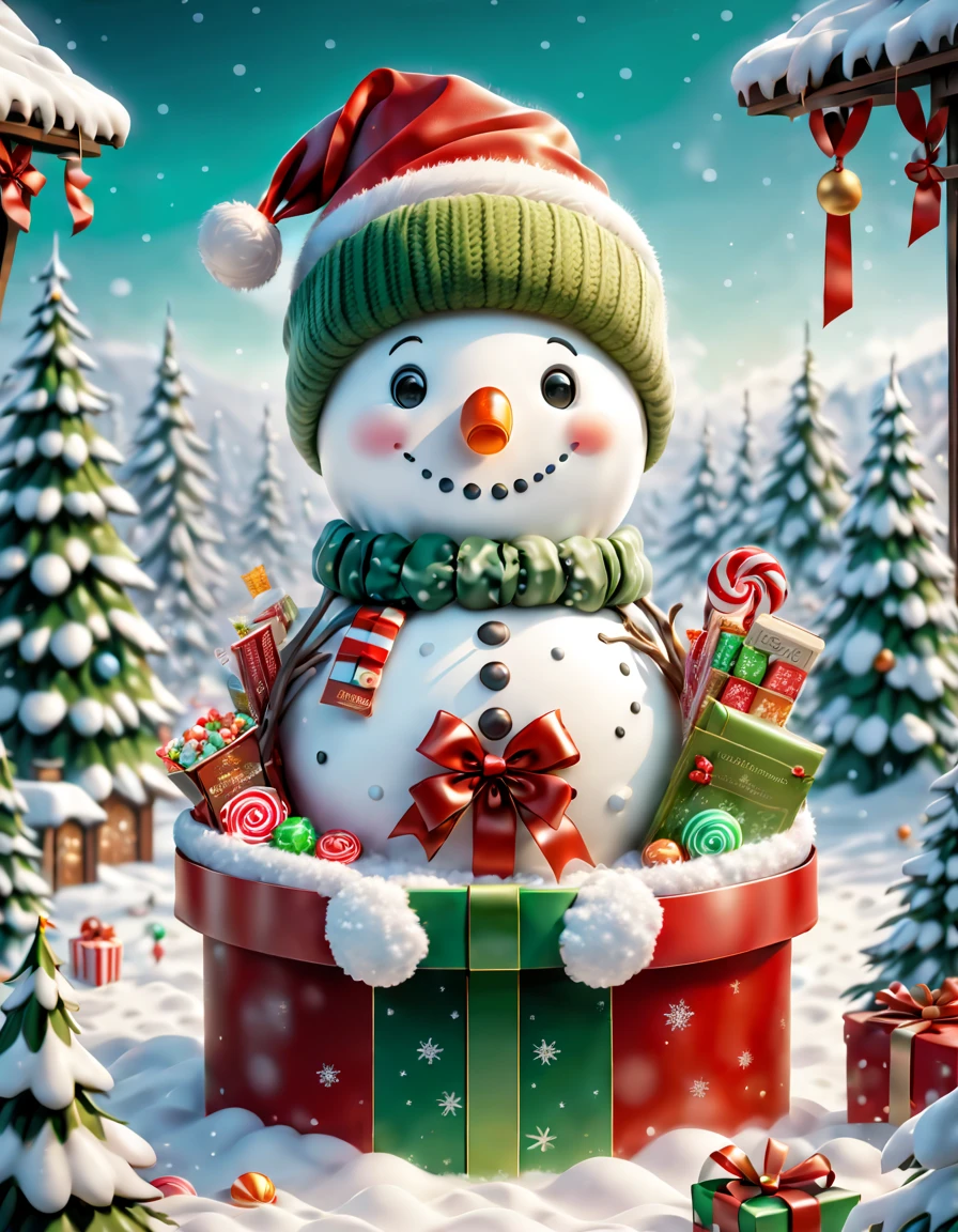 （（（Cute snowman holding a book and a bag of candy，Standing inside an open gift box））），Robin perches on snowman&#39;s head，Christmas elements，illustration，3D rendering，snow covered ground，Festive decorations，candy wrappers，Holiday Clotheest qualtiy，8k，A high resolution，tmasterpiece：1.2），ultra - detailed，フォトリアリスティック，studio lit，Extreme detail description，professional，vivd colour，Christmas theme，Winter wonderland，节日illustration，vivd colour，snow-white，Festive red and green，Warm and cozy Christmas lighting