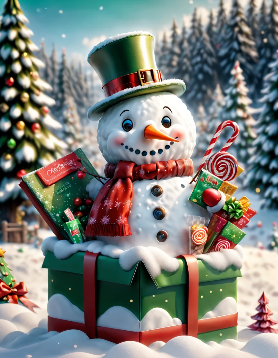 (((Cute snowman holding a book and a bag of candy,Standing inside an open gift box))),Robin perches on snowman's head,Christmas elements,illustration,3D rendering,snow covered ground,Festive decorations,candy wrappers,Holiday Clotheest qualtiy,8k,A high resolution,tmasterpiece:1.2),ultra - detailed,フォトリアリスティック,studio lit,Extreme detail description,professional,vivd colour,Christmas theme,Winter wonderland,节日illustration,vivd colour,snow-white,Festive red and green,Warm and cozy Christmas lighting
