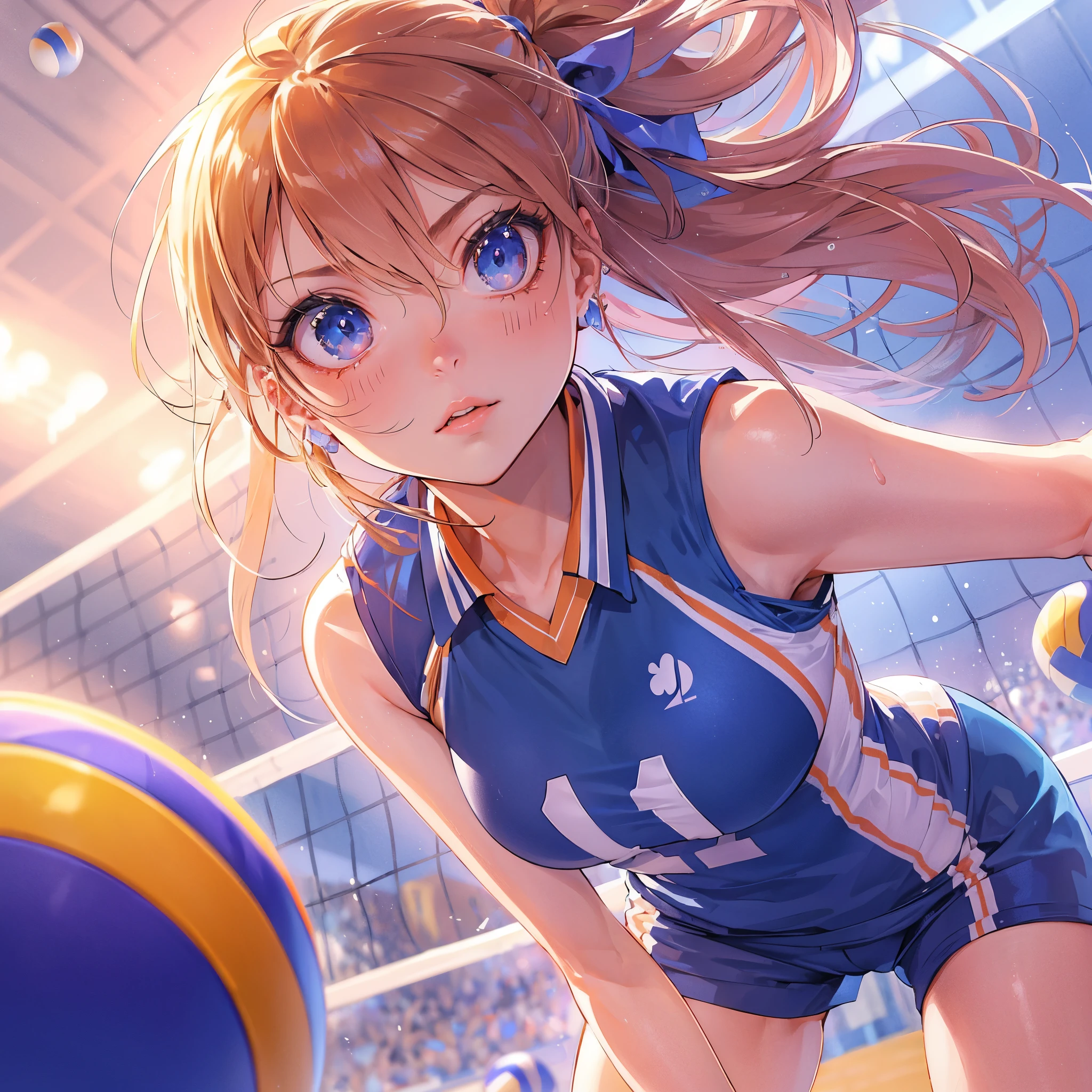 (Best Quality, masutepiece),ultra detailed photographic,1girl in, female volleyball player ,Large breasts,nice legs,ahot a ball,At the volleyball venue,Detailed beautiful face,Beautiful eyes,detailed hairs,detailed clothes,Detailed realistic skin,Cool,Dynamic Angle,