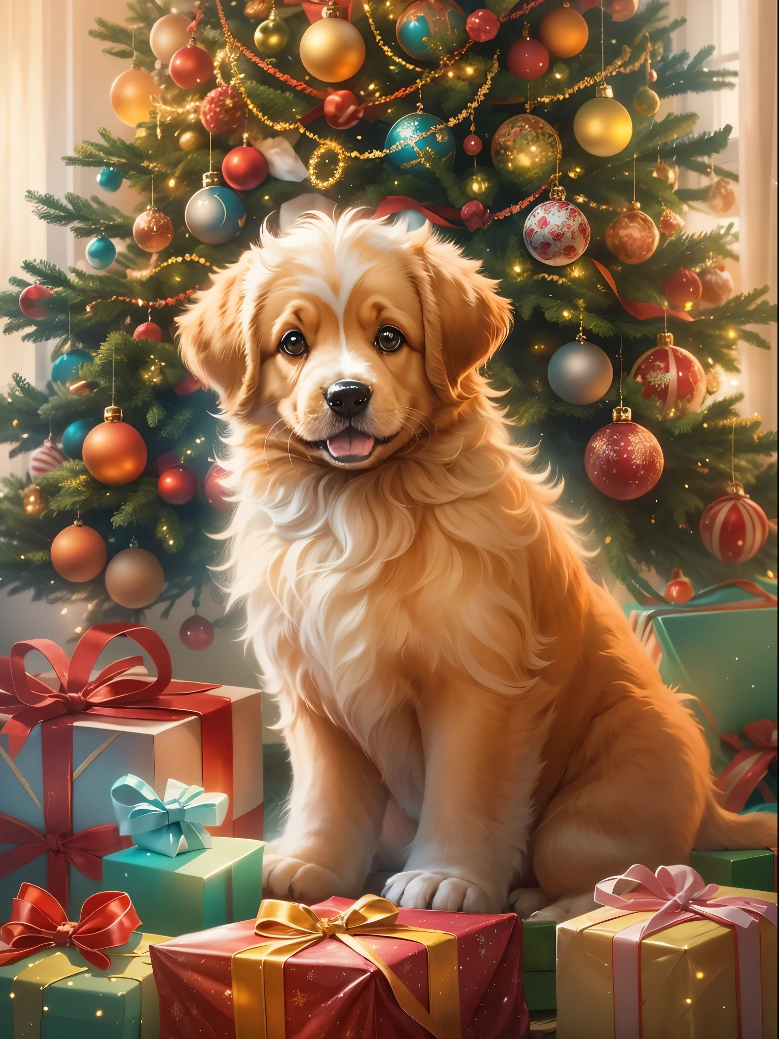 (a cute puppy),gifts,wrapping,beautifully decorated tree,Christmas ornaments,sparkling lights,warm and cozy atmosphere,toys,bowtieest quality,realistic) portrait,(vibrant colors,rich color palette),soft and fluffy fur,excited expression,playful pose,joyful and festive ambiance,holiday spirit,lovable and adorable,lovingly wrapped presents,eagerly waiting for the surprises to be unveiled,magical and enchanting,memorable Christmas celebration.
