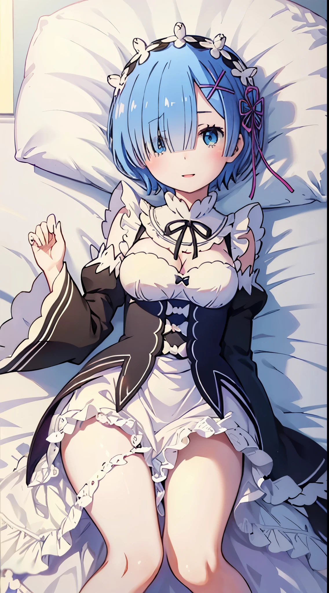 (masterpiece, best quality;1.3), ultra detailed, Looking at viewer, castle, lying on bed,smile, 
rem_re_zero, blue hair, short hair, maid uniform, hair ornament, cleavage, maid headdress, detached sleeves, ribbon