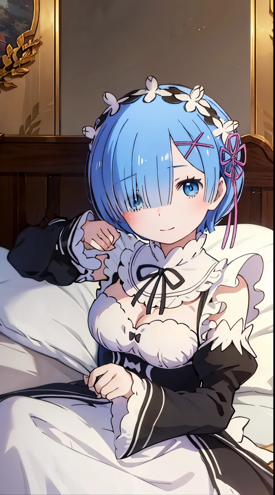 (masterpiece, best quality;1.3), ultra detailed, Looking at viewer, castle, lying on bed,smile, 
rem_re_zero, blue hair, short hair, maid uniform, hair ornament, cleavage, maid headdress, detached sleeves, ribbon