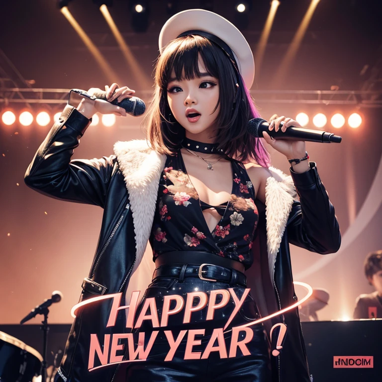 happy new year singing cool female artist with cool clothing