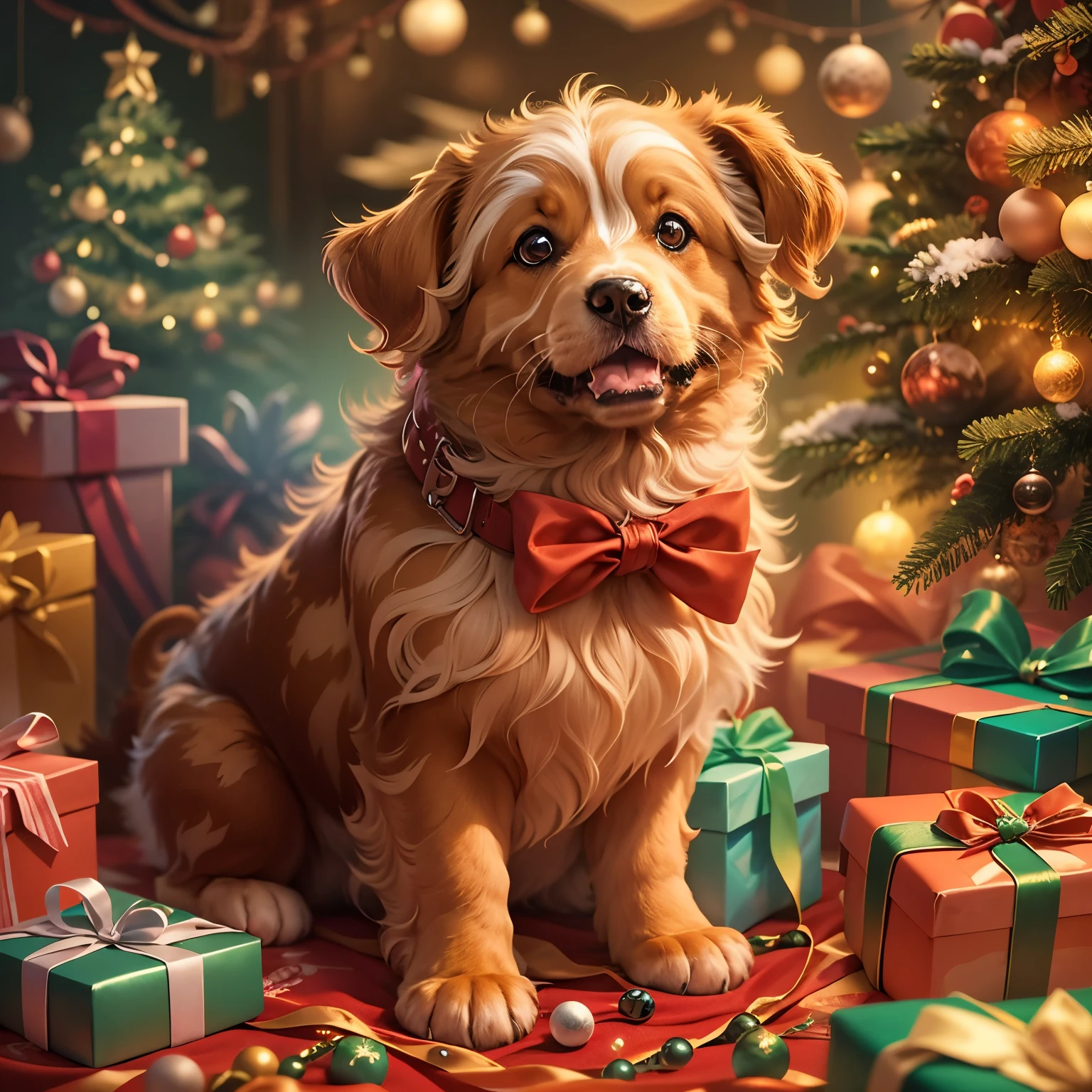 (a cute puppy),gifts,wrapping,beautifully decorated tree,Christmas ornaments,sparkling lights,warm and cozy atmosphere,toys,bowtieest quality,realistic) portrait,(vibrant colors,rich color palette),soft and fluffy fur,excited expression,playful pose,joyful and festive ambiance,holiday spirit,lovable and adorable,lovingly wrapped presents,eagerly waiting for the surprises to be unveiled,magical and enchanting,memorable Christmas celebration.