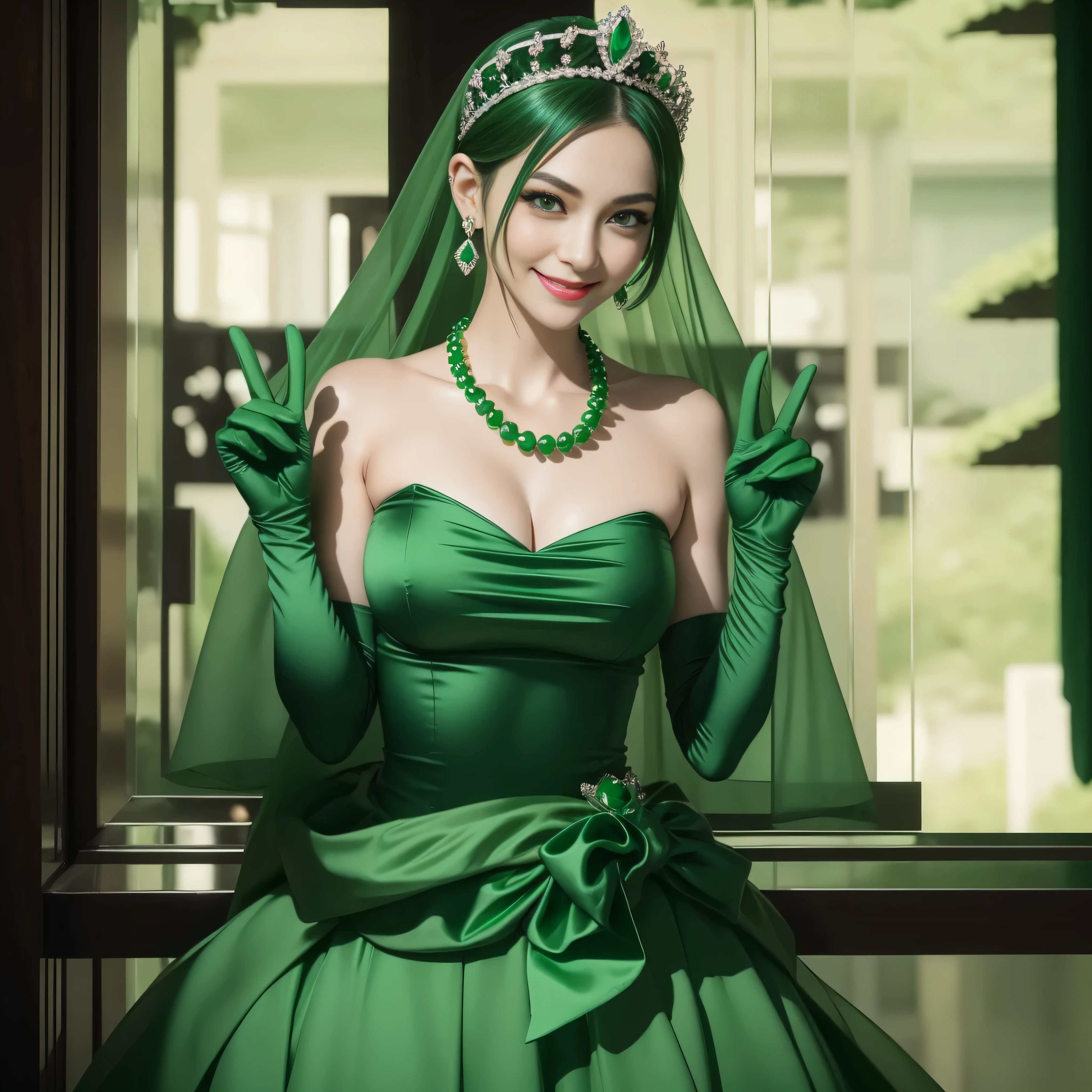 emerald tiara, Green Pearl Necklace, Boyish very short green hair, lipsticks, Japan woman smiling, very short short hair, big breasts beautiful, Green eyes, Long green gloves made of satin material, Green eyes, Emerald Earrings, green vale, v sign