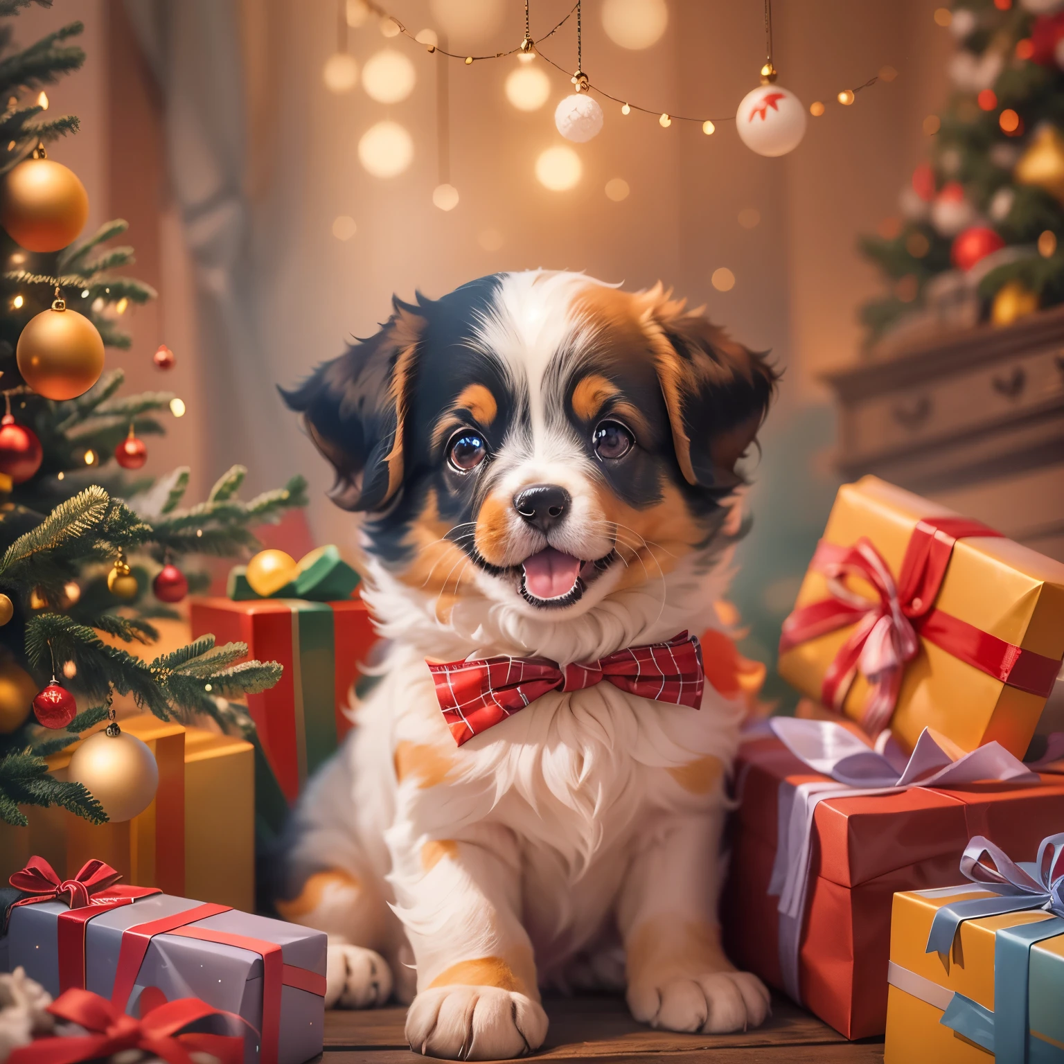 (a cute puppy),gifts,wrapping,beautifully decorated tree,Christmas ornaments,sparkling lights,warm and cozy atmosphere,toys,bowtieest quality,realistic) portrait,(vibrant colors,rich color palette),soft and fluffy fur,excited expression,playful pose,joyful and festive ambiance,holiday spirit,lovable and adorable,lovingly wrapped presents,eagerly waiting for the surprises to be unveiled,magical and enchanting,memorable Christmas celebration.