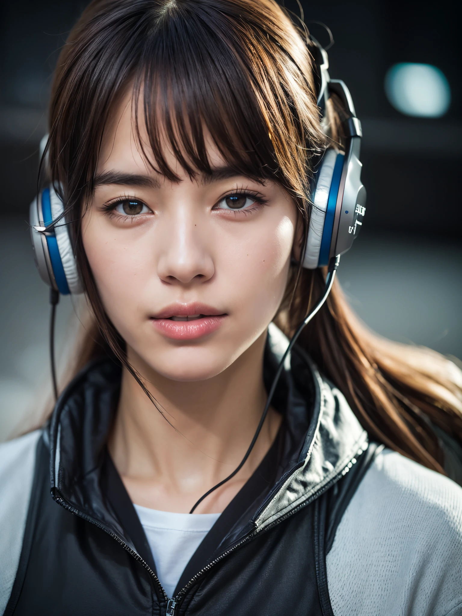 dressed, (photo realistic:1.4), (hyper realistic:1.4), (realistic:1.3), (smoother lighting:1.05), (increase cinematic lighting quality:0.9), 32K, 1girl,20yo girl, realistic lighting, backlighting, light on the face, ray trace, (brightening light:1.2), (Increase quality:1.4), (best quality real texture skin:1.4), finely detailed eyes, finely detailed face, finely quality eyes, (tired and sleepy and satisfied:0.0), face closeup, t-shirt with headphones, (Increase body line mood:1.1), (Increase skin texture beauty:1.1)