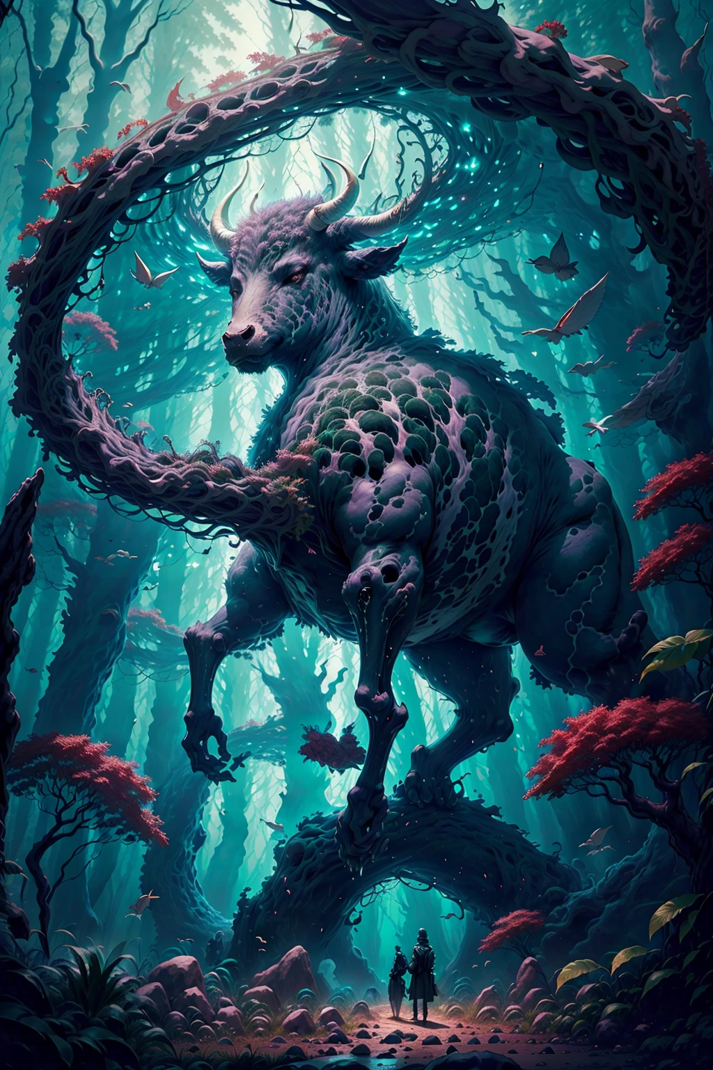 "Generate a captivating AI artwork featuring a colossal white cow gracefully standing amidst a sprawling forest, where the sheer enormity of the creature dwarfs the entire landscape. Envision the giant cow with intricate details, its massive form casting shadows over the densely packed trees. Picture the forest canopy beneath the cow, creating a surreal scene that blends the majestic with the mundane. Infuse the artwork with a soft and ethereal light, emphasizing the awe-inspiring scale of the creature. This prompt aims to create a visually stunning and imaginative portrayal, inviting viewers to explore the enchanting encounter between a giant, otherworldly cow and the natural beauty of the forest."