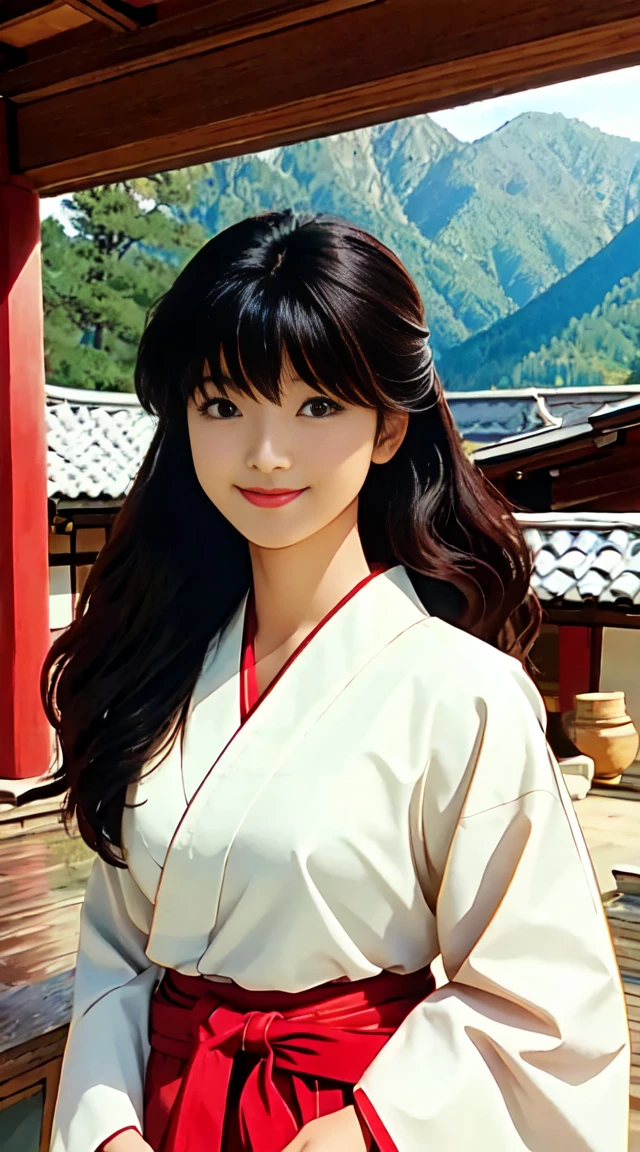 masterpiece, best quality, anime screeshot, a close photo of Kagome, 1 girl, solo, standing, brown eyes, long hair, red hakama and white kimono, looking_at_viewer, smile, upper_body, ((Village background:1.0))