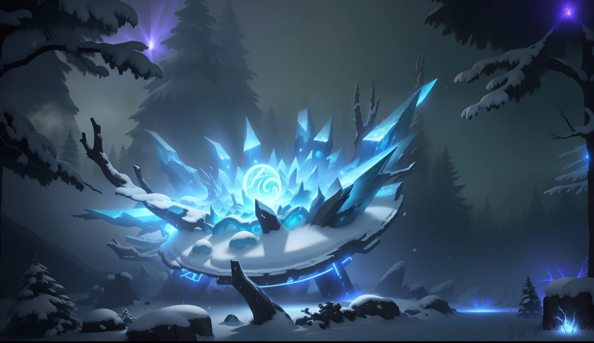 There is an  and snow magic circle in the forest，The surrounding land is covered with snow，cold shades，League of Legends design style，Magical style，game design，Glowing art，High quality details，8K