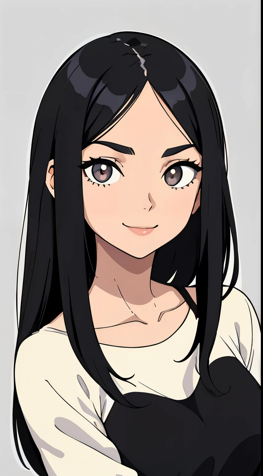 One girl with black hair, hair length until bust, straight hair, hair parted in center of head, round face. hairstyle with a center part, that the hair should be parted down the middle, creating a symmetrical look without any frontal hair covering the forehead. Looking straight. Looking straight at viewers. Smiling. Happy. Wearing casual shirt. Straight pose. Frontal view