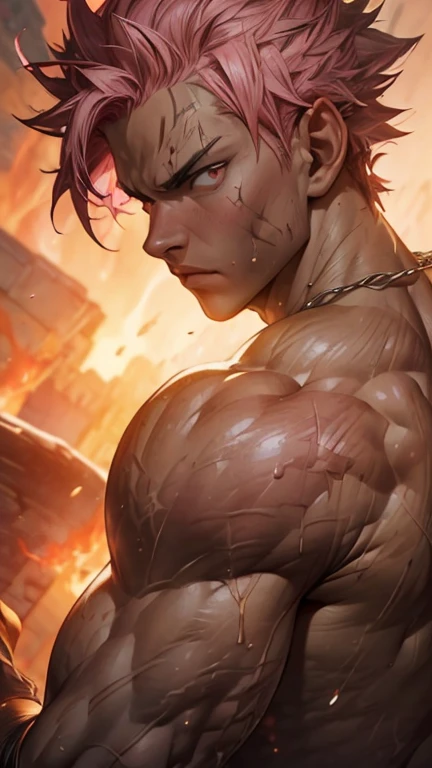 ((upper body)) masterpiece, best quality red eyes, game cg, 2boys adult men, (naked:1.2) rugged adult face, duo, male focus, looking at viewer, upper body, Natsu Dragneel natsu_dragneel, pink hair, red eyes, (shirtless naked), toned muscle, pectorals, 8 abs, toned legs, naked, slightly bulged, (large fire:1.5) and ember (particle effects:1.2), detailed, dynamic lighting, well lit, (fire on skin:1.2), (skin burning:1.2), (eyes on fire:1.2) (pink pubic hair:1.5), (penis:1.2) ((view from a distance)) ((Santa necklace))