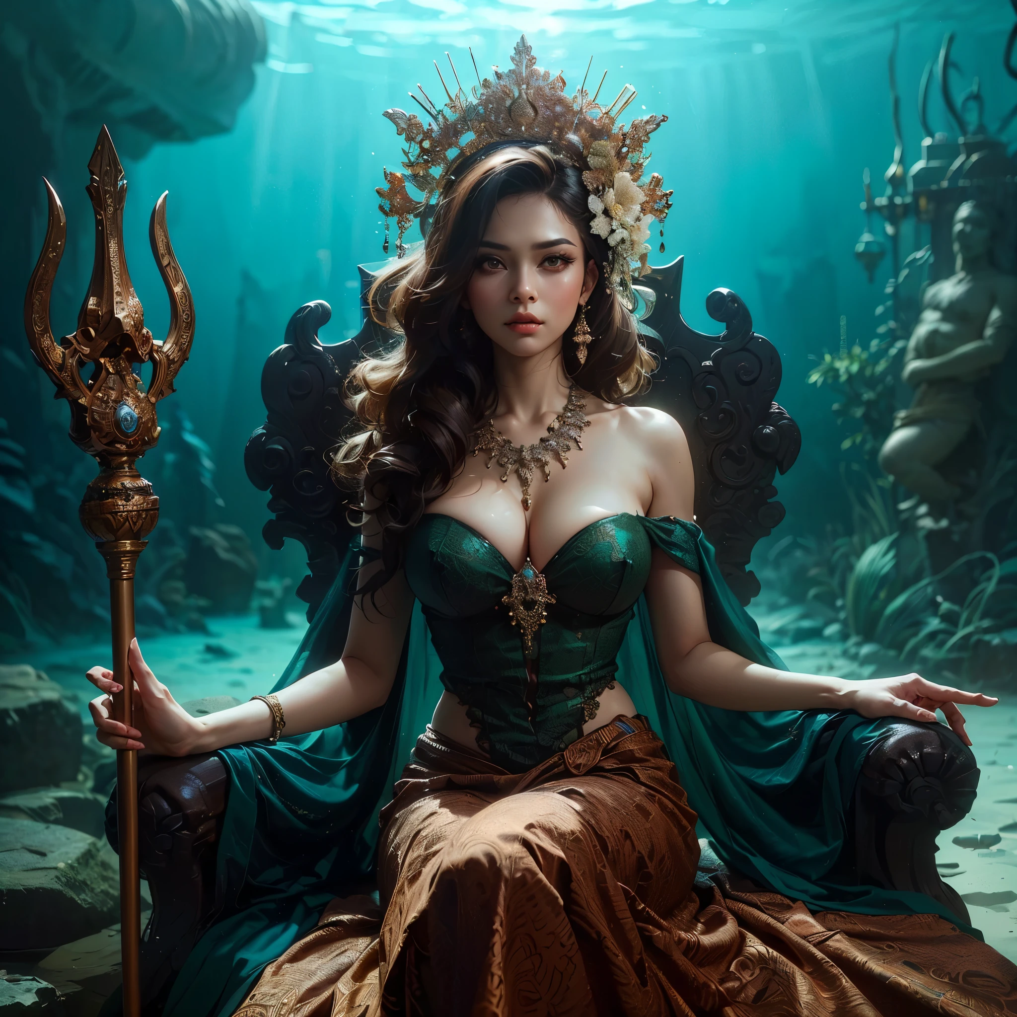 generate nyi roro kidul ((((gigantic breqst:1,9))), wearing tight luxury green kebaya, luxury bustier corset, batik tight long skirt and sanggul hair, slim waist, propotional body, sitting on her throne under the sea, she is holding a luxury trident, her aura is like a queen aura, make the picture looks so tense as she is looks angry, masterpiece, hyperdetail, 8k, ambient effect, digital effect, (((nsfw))), (((nude))), (((nipples))), (show boobs), (show cleaveage), masterpiece, best quality:1.2),,(8k,highres,RAW photo,realistic,photo-realistic:1.3),(detailed skin texture,detailed cloth texture,beautiful detailed face:1.25),professional lighting,photon mapping,beautiful soft light,radiosity,physically-based rendering,raytracing, model shoot style, model shoot style, (extremely detailed CG unity 8k wallpaper), full shot body photo of the most beautiful artwork in the world, (((nsfw))), (((nude))), (((nipples))), (show boobs), (show cleaveage)