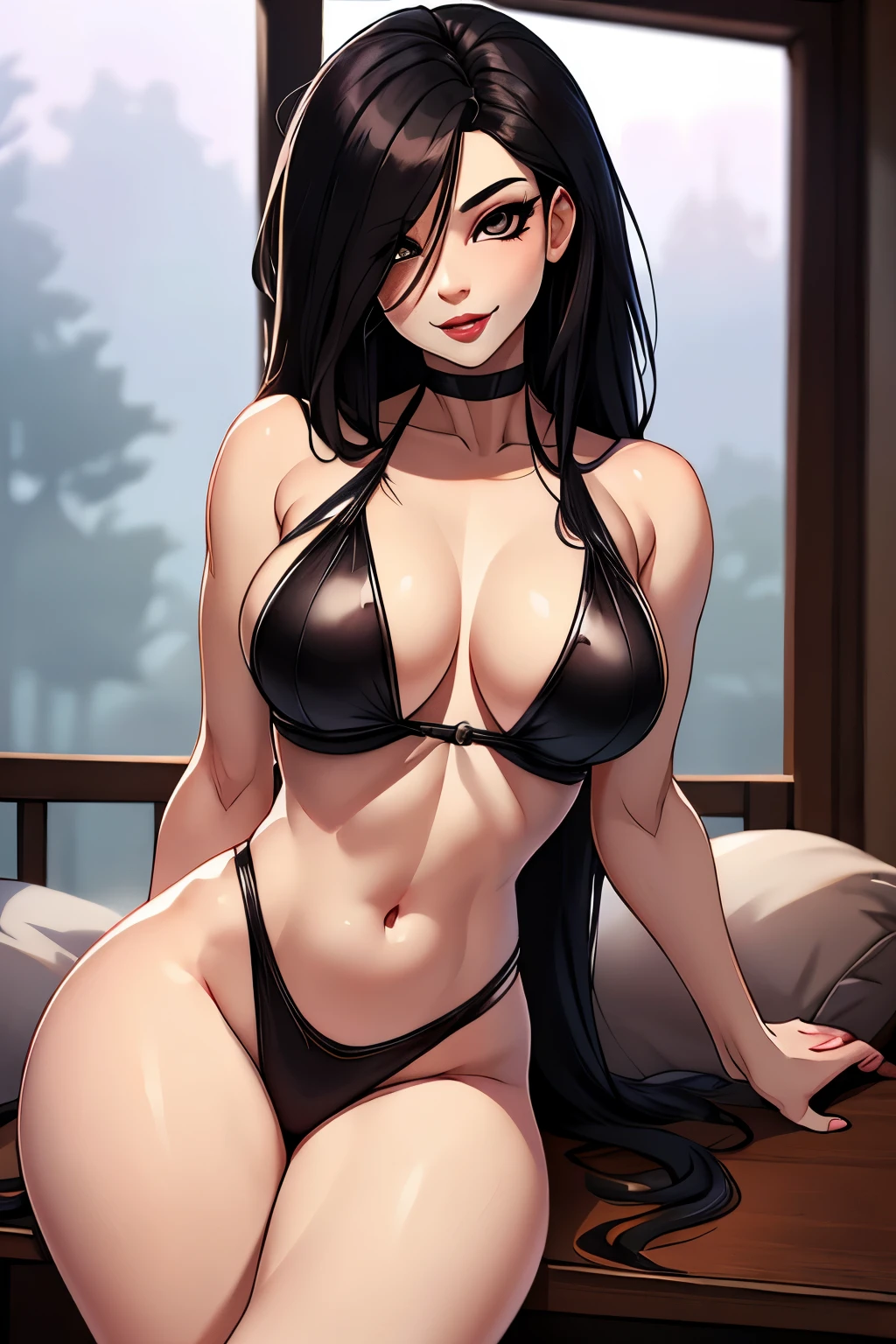 ((ultra quality)), ((tmasterpiece)), handsome girl, ninja, (Asian appearance), ((black long straight hair)), (Beautiful cute face), (beautiful female lips), Charming, ((sexy facial expression)), looking at the camera smiling softly, eyes slightly open, (skin color pale white), Body glare, ((detailed beautiful female eyes)), ((white eyes)), (juicy female lips), (red lipstick on the lips, black eyeliner), (beautiful female hands), ((perfect female figure)), perfect female body, Beautiful waist, Gorgeous hips, Beautiful medium breasts, ((Subtle and beautiful)), seductively worth it (close-up of the face), (костюм ninja девушки) background: country house, Sundown, ((Depth of field)), ((high quality clear image)), (crisp details), ((higly detailed)), Realistic, Professional Photo Session, ((Clear Focus)), the anime