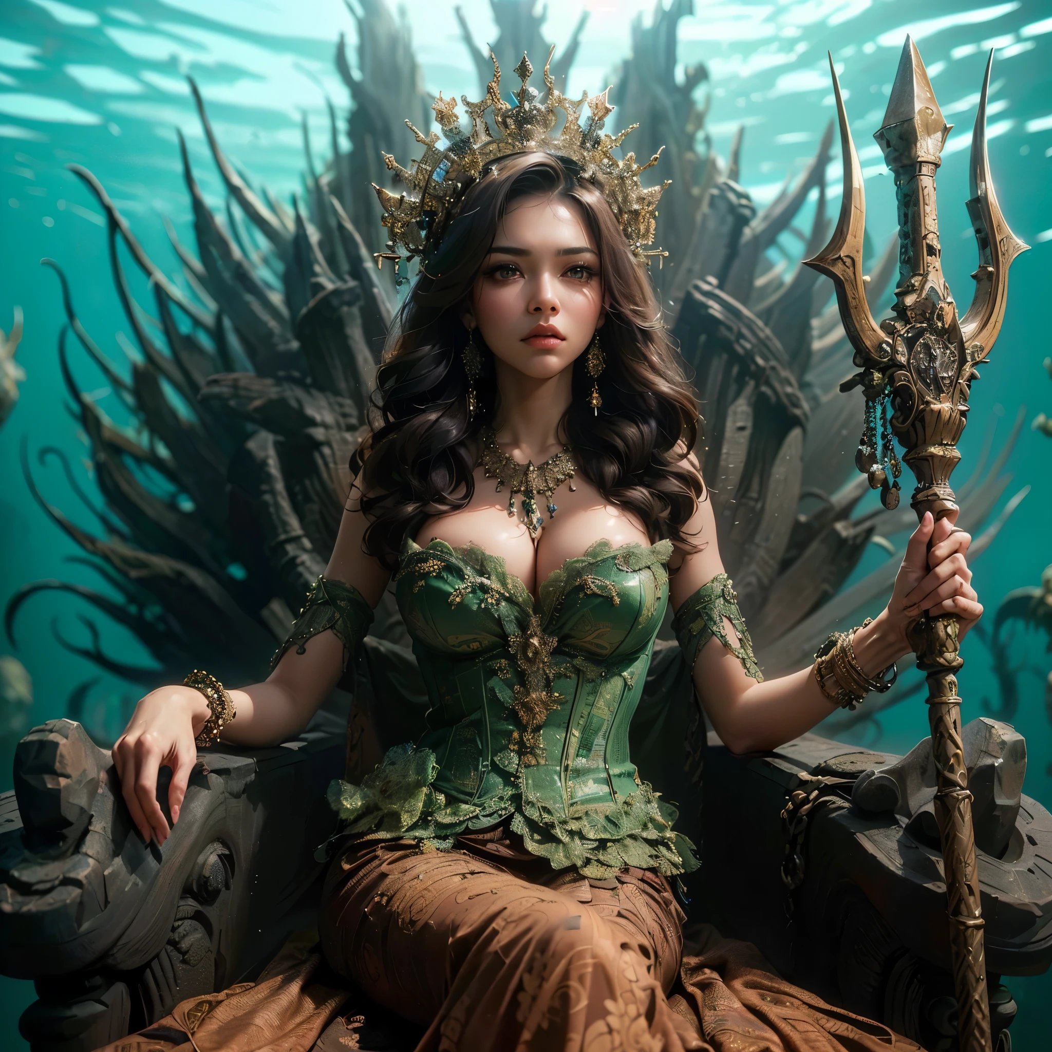 generate nyi roro kidul ((((gigantic breqst:1,9))), wearing tight luxury green kebaya, luxury bustier corset, batik tight long skirt and sanggul hair, slim waist, propotional body, sitting on her throne under the sea, she is holding a luxury trident, her aura is like a queen aura, make the picture looks so tense as she is looks angry, masterpiece, hyperdetail, 8k, ambient effect, digital effect, (((nsfw))), (((nude))), (((nipples))), (show boobs), (show cleaveage), masterpiece, best quality:1.2),,(8k,highres,RAW photo,realistic,photo-realistic:1.3),(detailed skin texture,detailed cloth texture,beautiful detailed face:1.25),professional lighting,photon mapping,beautiful soft light,radiosity,physically-based rendering,raytracing, model shoot style, model shoot style, (extremely detailed CG unity 8k wallpaper), full shot body photo of the most beautiful artwork in the world, (((nsfw))), (((nude))), (((nipples))), (show boobs), (show cleaveage)