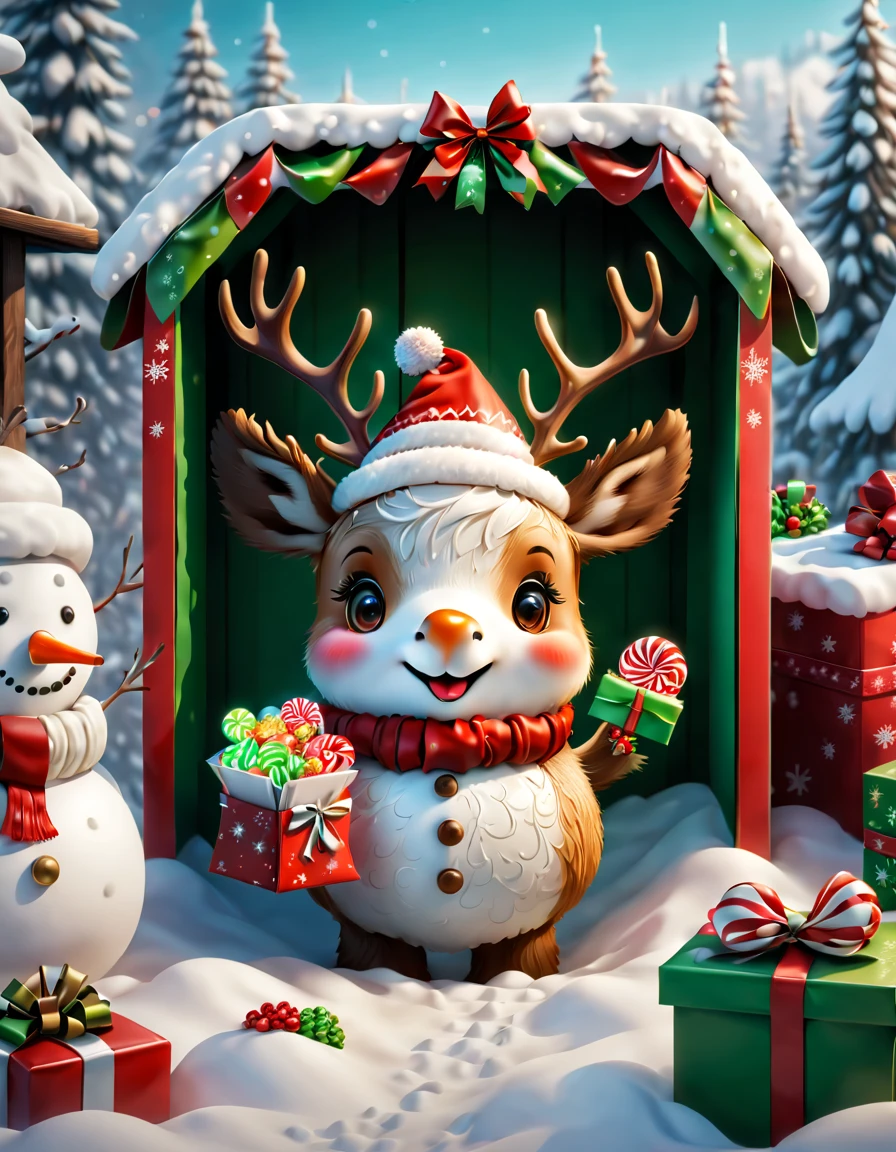 (((Cute elk holding a book and a bag of candy,Standing inside an open gift box))),Robin perches on snowman's head,Christmas elements,illustration,3D rendering,snow covered ground,Festive decorations,candy wrappers,Holiday Clotheest qualtiy,8k,A high resolution,tmasterpiece:1.2),ultra - detailed,フォトリアリスティック,studio lit,Extreme detail description,professional,vivd colour,Christmas theme,Winter wonderland,节日illustration,vivd colour,snow-white,Festive red and green,Warm and cozy Christmas lighting