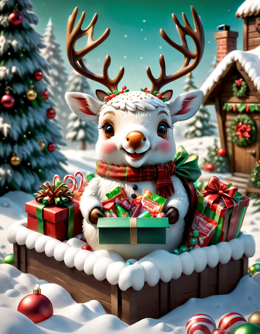 (((Cute elk holding a book and a bag of candy,Standing inside an open gift box))),Robin perches on snowman's head,Christmas elements,illustration,3D rendering,snow covered ground,Festive decorations,candy wrappers,Holiday Clotheest qualtiy,8k,A high resolution,tmasterpiece:1.2),ultra - detailed,フォトリアリスティック,studio lit,Extreme detail description,professional,vivd colour,Christmas theme,Winter wonderland,节日illustration,vivd colour,snow-white,Festive red and green,Warm and cozy Christmas lighting