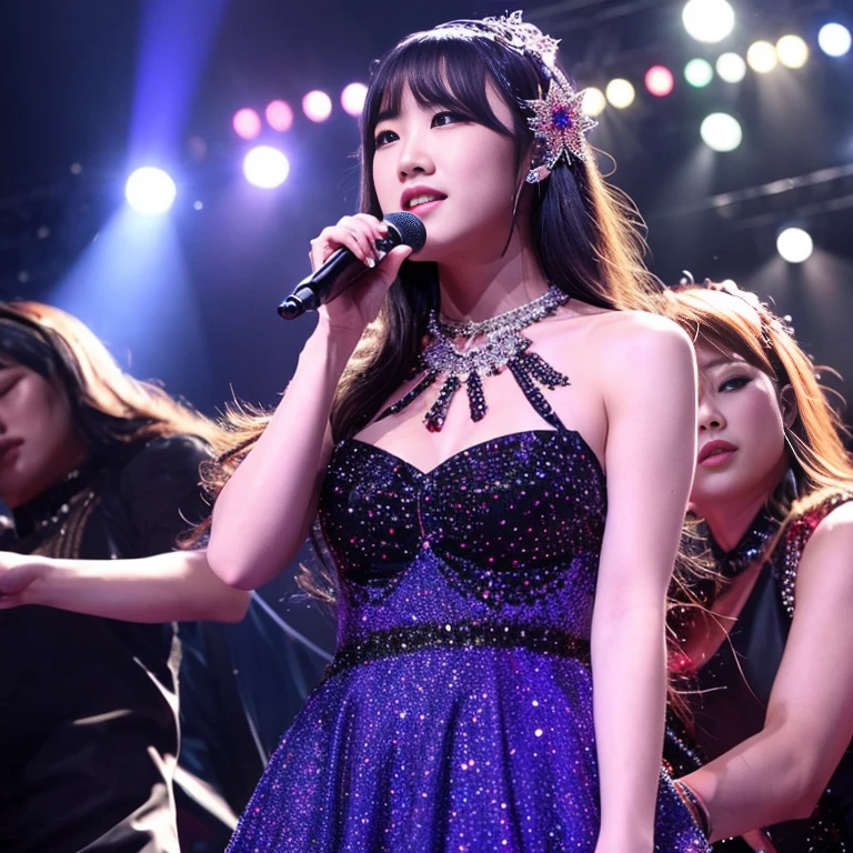 1girls, bara, bestquality, masterpiece , Ruby Hoshino,  Hair ornaments, Tread eyes, Stars on the Eye, (Star on the right eye:1), (dress:1.4), (Concert 1), On stage, Erotica