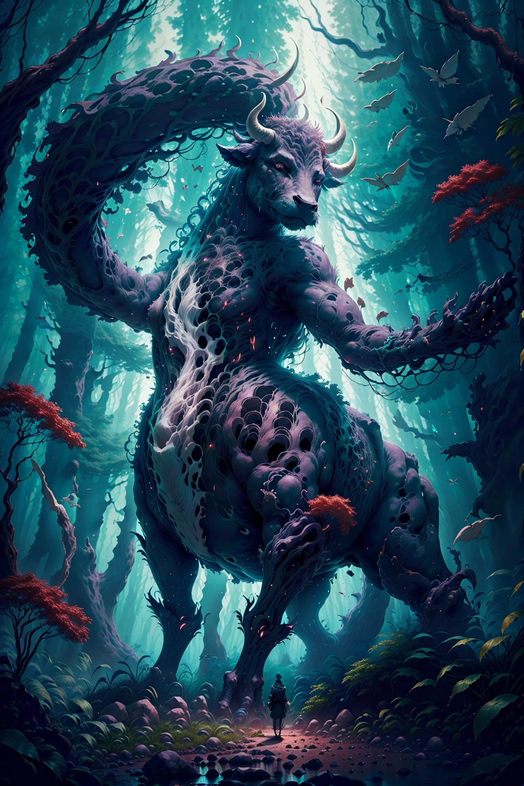"Generate a captivating AI artwork featuring a colossal white cow gracefully standing amidst a sprawling forest, where the sheer enormity of the creature dwarfs the entire landscape. Envision the giant cow with intricate details, its massive form casting shadows over the densely packed trees. Picture the forest canopy beneath the cow, creating a surreal scene that blends the majestic with the mundane. Infuse the artwork with a soft and ethereal light, emphasizing the awe-inspiring scale of the creature. This prompt aims to create a visually stunning and imaginative portrayal, inviting viewers to explore the enchanting encounter between a giant, otherworldly cow and the natural beauty of the forest."