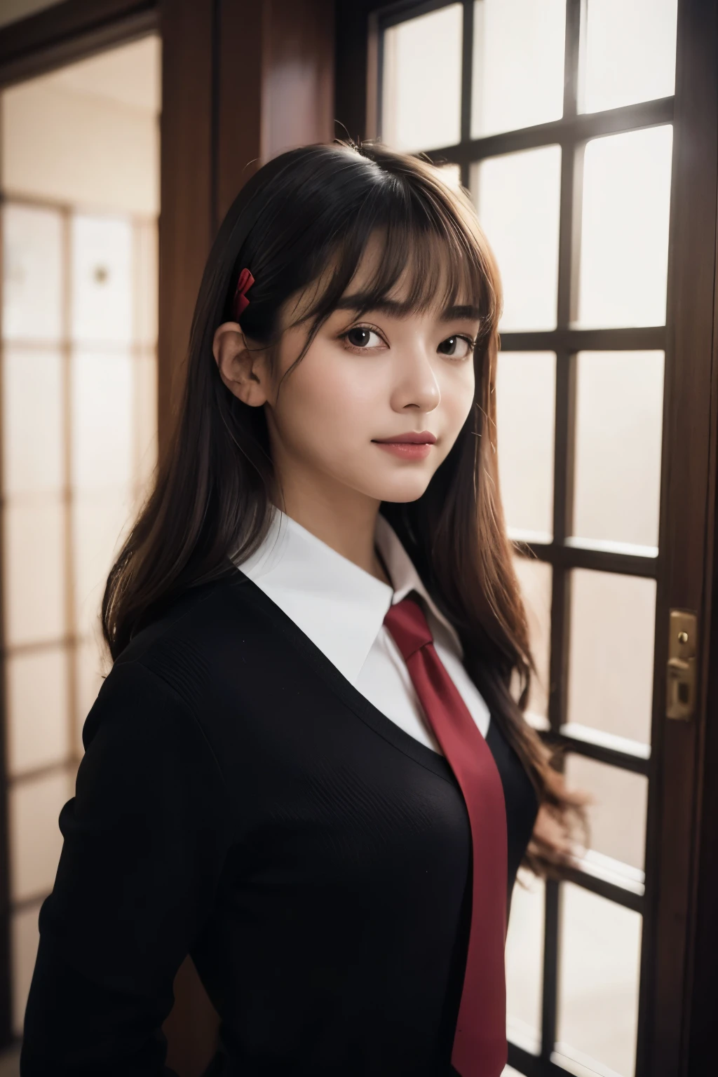 masterpiece, best quality, ultra-detailed, illustration, epic lighting, cinematic composition, isometric, 1girl, solo, cute, brown eyes, black hair, swept bangs, single sidelock, red hairclip, white collared shirt, black necktie, black pants, formal, enchanting gaze, captivating pose, indoors, office, door, opening door, looking at viewer, peeking out upper body, blush, seductive smile, closed mouth,