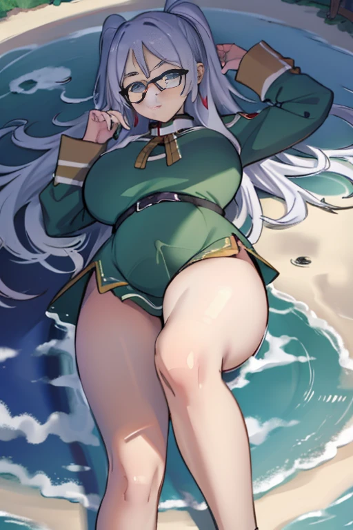 (Masterpiece) Giant maiden，Moe two-dimensional style，Pregnancy status，Round belly, Huge breasts, Thick thighs，Gaze at the bustling city, Lying down, Glasses, Full body