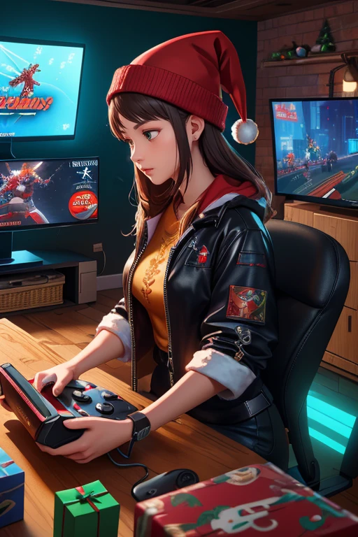 cyberpunk art, family, Christmas Gift, (Expensive Game Console as present), indoors, intricate, (best quality, masterpiece, Representative work, official art, Professional, unity 8k wallpaper:1.3)