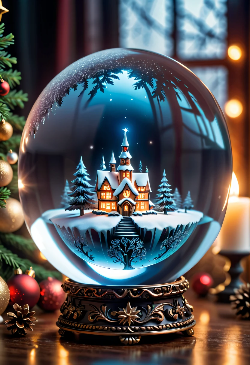 Beautiful Christmas crystal ball as a Christmas gift，Meticulously carved，Gotik，emit a magical light，Christmas background
