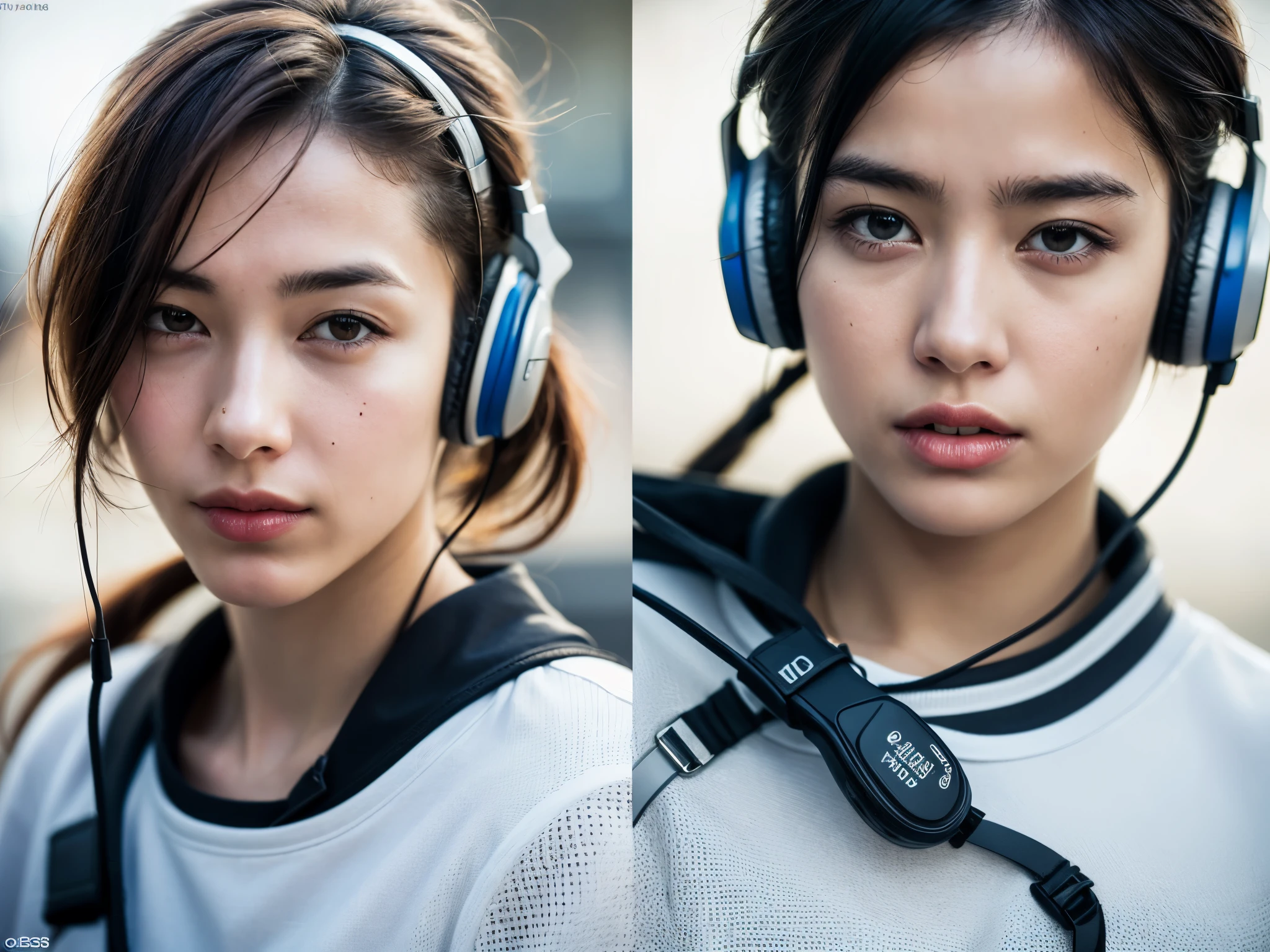 dressed, (photo realistic:1.4), (hyper realistic:1.4), (realistic:1.3), (smoother lighting:1.05), (increase cinematic lighting quality:0.9), 32K, 1girl,20yo girl, realistic lighting, backlighting, light on the face, ray trace, (brightening light:1.2), (Increase quality:1.4), (best quality real texture skin:1.4), finely detailed eyes, finely detailed face, finely quality eyes, (tired and sleepy and satisfied:0.0), face closeup, t-shirt with headphones, (Increase body line mood:1.1), (Increase skin texture beauty:1.1)